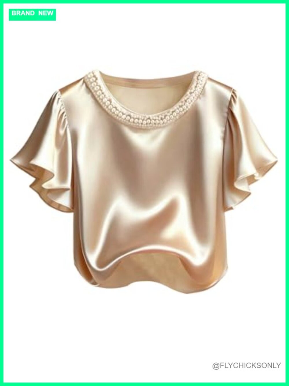 Satin Ruffle Short Sleeve Pearl Crew Neck Dressy Casual Blouse Top